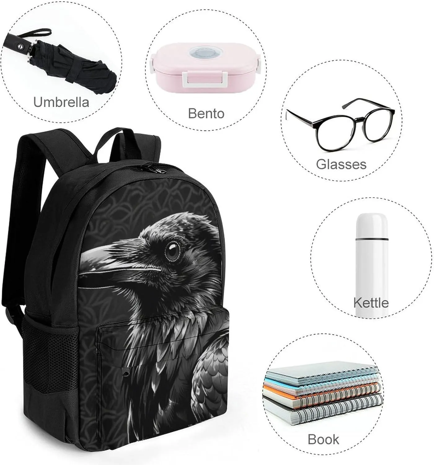 Men Women Polyester Black Crow Raven Bird Art Daypack Big Capacity Shoulder Bag With Smooth Zippers for Hiking Work Walking Cycling