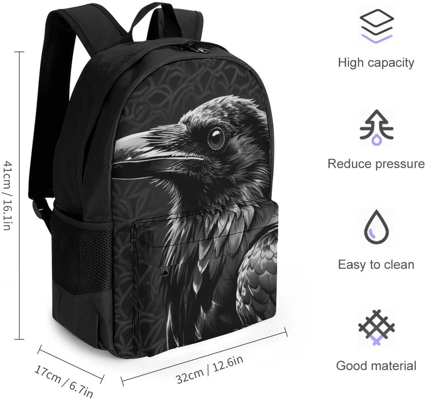 Men Women Polyester Black Crow Raven Bird Art Daypack Big Capacity Shoulder Bag With Smooth Zippers for Hiking Work Walking Cycling