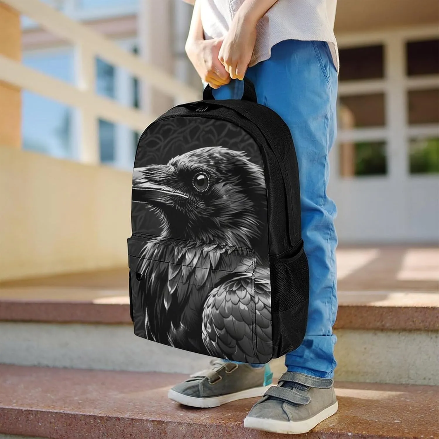 Men Women Polyester Black Crow Raven Bird Art Daypack Big Capacity Shoulder Bag With Smooth Zippers for Hiking Work Walking Cycling