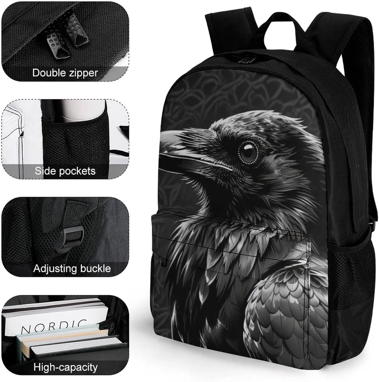 Men Women Polyester Black Crow Raven Bird Art Daypack Big Capacity Shoulder Bag With Smooth Zippers for Hiking Work Walking Cycling