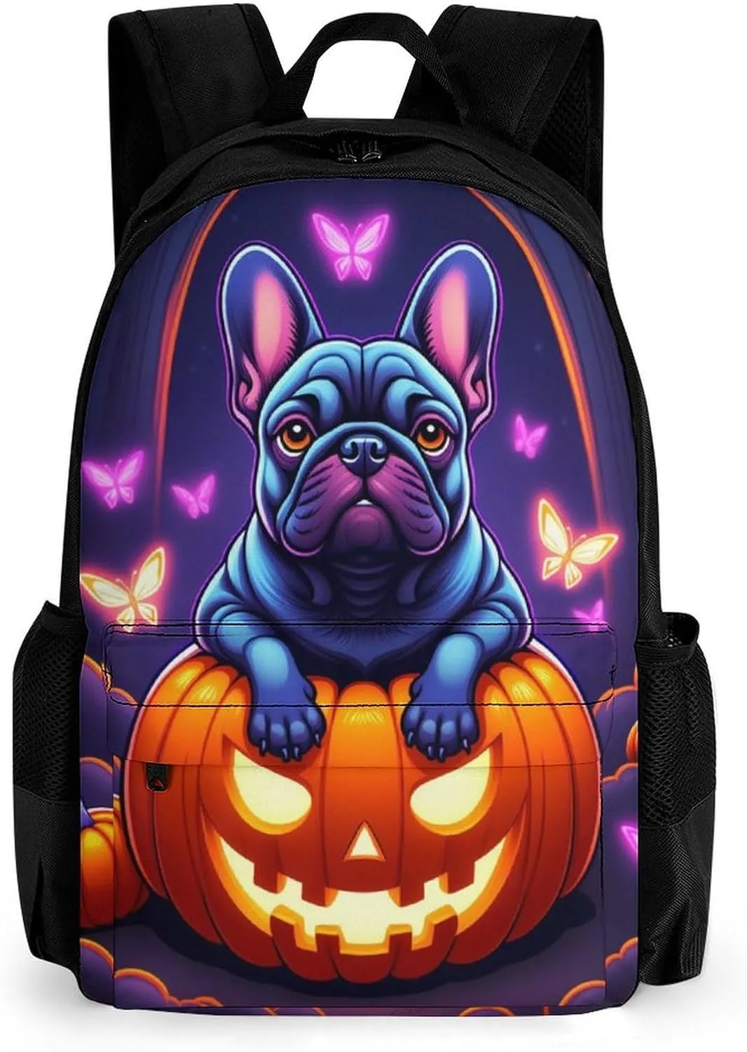Men Women Polyester Halloween French Bulldogs Pumpkins And Fluttering Butterflies Art Casual Daypack Large Capacity Carry On Bag With Adjustable Shoulder Straps for Camping Work Running