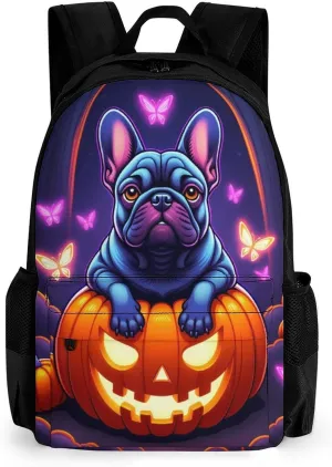 Men Women Polyester Halloween French Bulldogs Pumpkins And Fluttering Butterflies Art Casual Daypack Large Capacity Carry On Bag With Adjustable Shoulder Straps for Camping Work Running