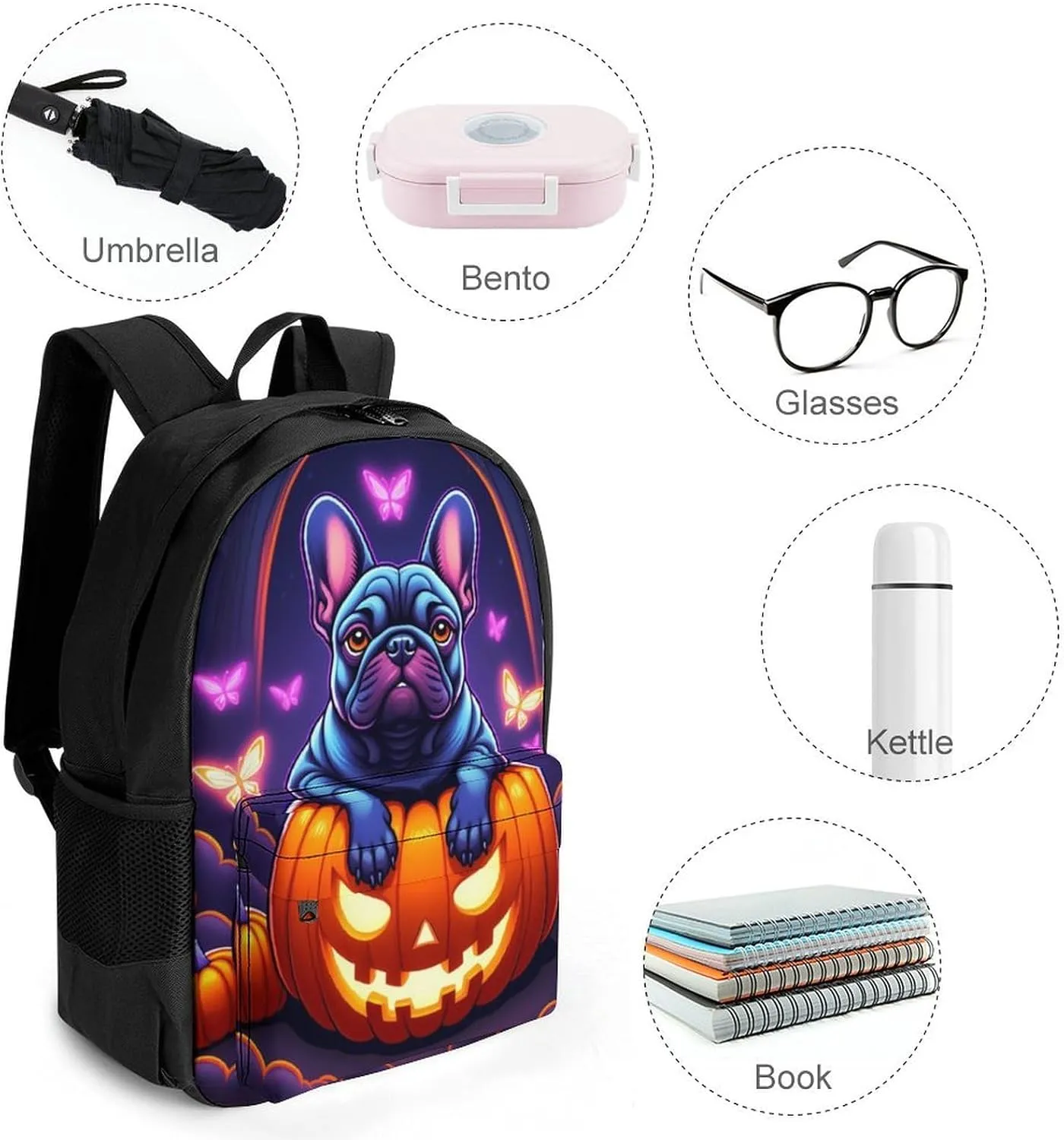 Men Women Polyester Halloween French Bulldogs Pumpkins And Fluttering Butterflies Art Casual Daypack Large Capacity Carry On Bag With Adjustable Shoulder Straps for Camping Work Running