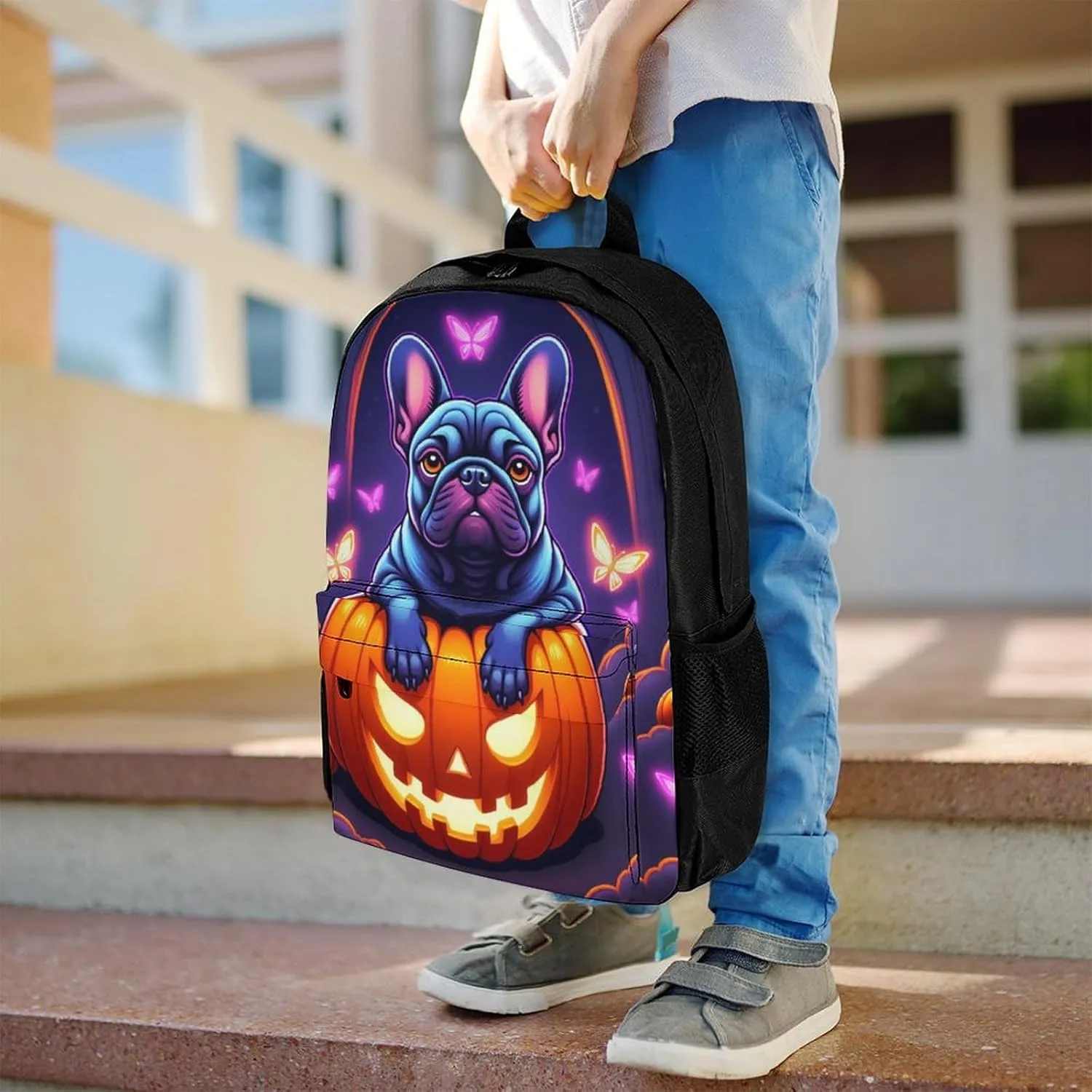 Men Women Polyester Halloween French Bulldogs Pumpkins And Fluttering Butterflies Art Casual Daypack Large Capacity Carry On Bag With Adjustable Shoulder Straps for Camping Work Running