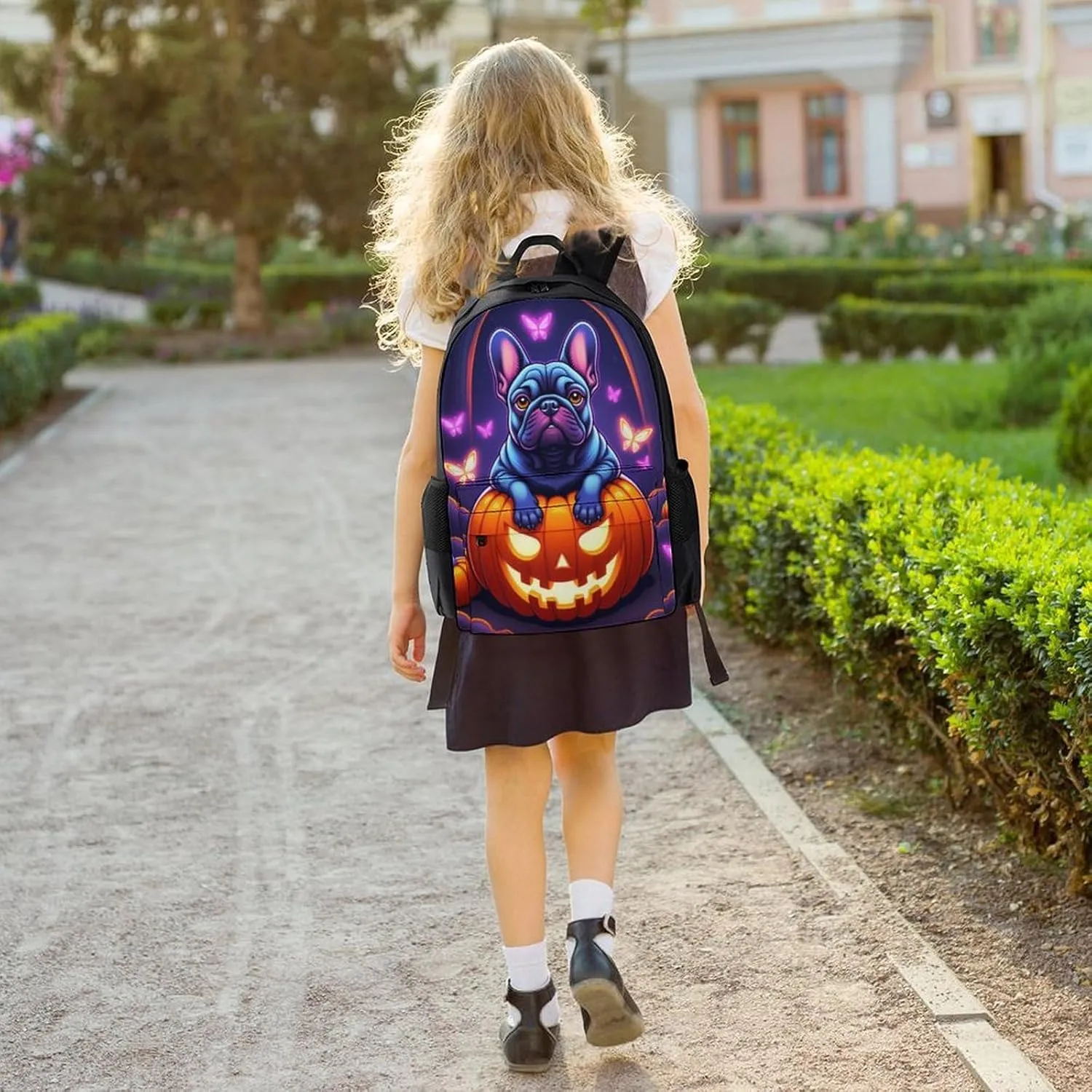 Men Women Polyester Halloween French Bulldogs Pumpkins And Fluttering Butterflies Art Casual Daypack Large Capacity Carry On Bag With Adjustable Shoulder Straps for Camping Work Running