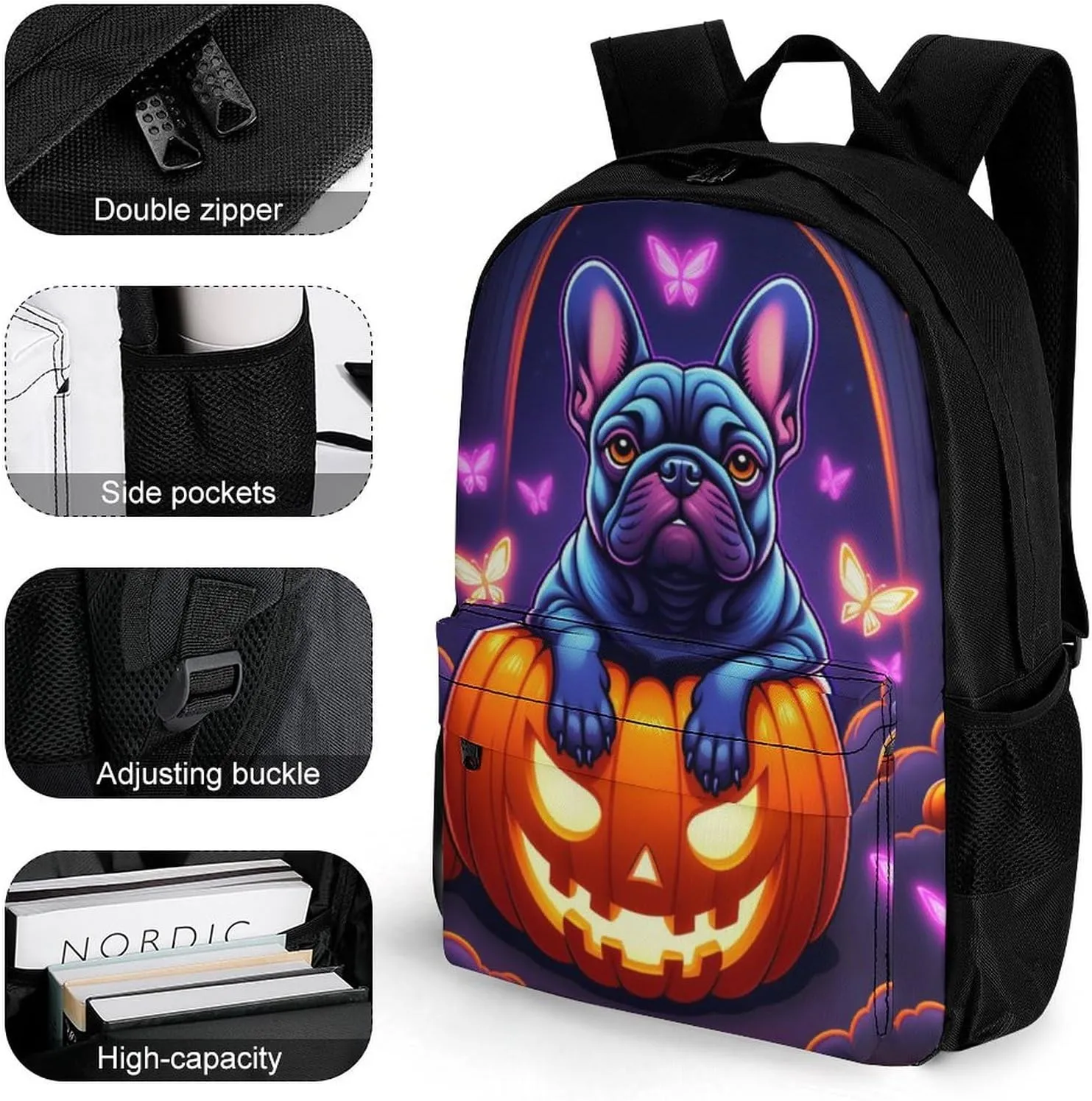 Men Women Polyester Halloween French Bulldogs Pumpkins And Fluttering Butterflies Art Casual Daypack Large Capacity Carry On Bag With Adjustable Shoulder Straps for Camping Work Running