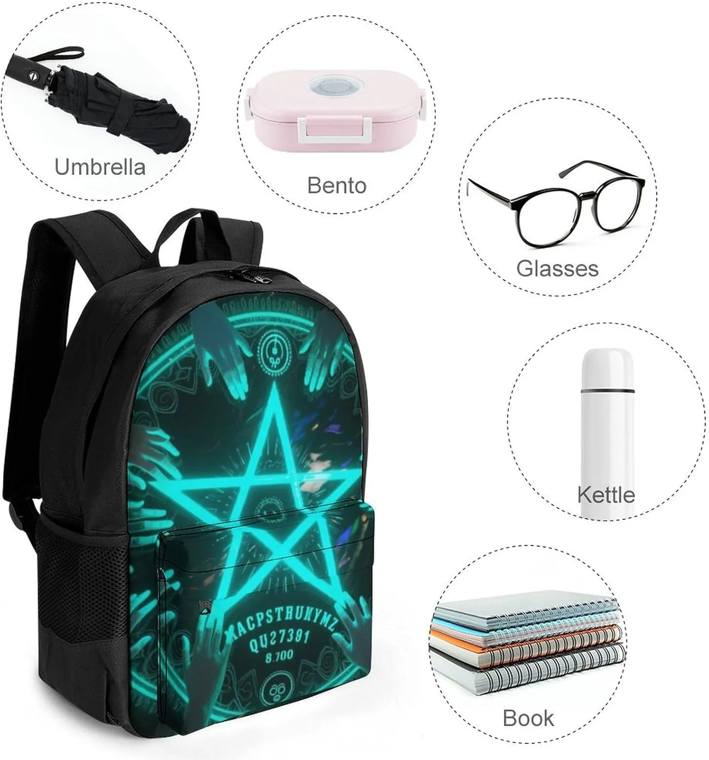 Men Women Polyester Magic Spirit Board Witch Art Daypack Big Capacity Shoulder Bag With Adjustable Shoulder Straps for Camping Travel Walking Cycling
