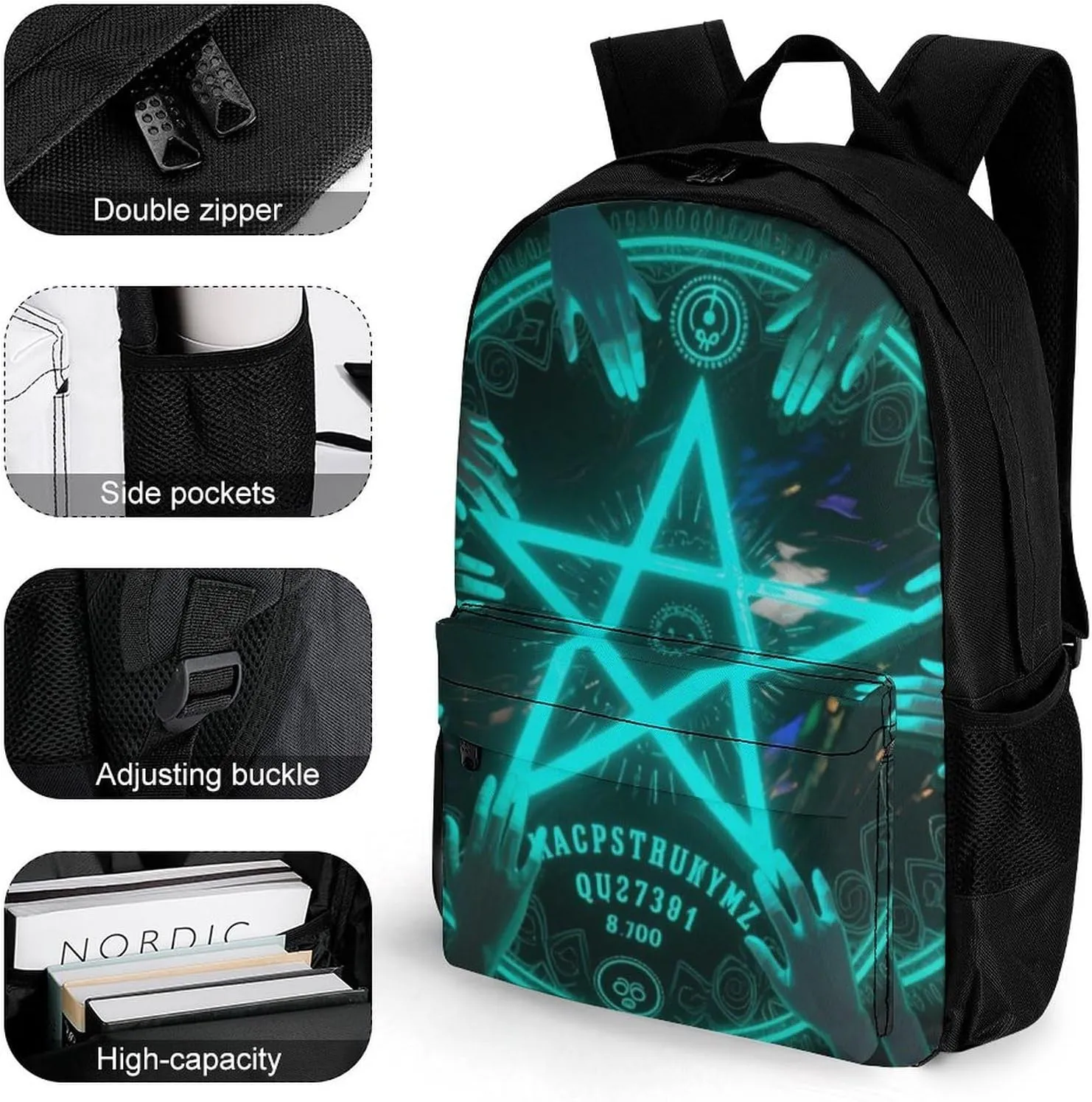 Men Women Polyester Magic Spirit Board Witch Art Daypack Big Capacity Shoulder Bag With Adjustable Shoulder Straps for Camping Travel Walking Cycling