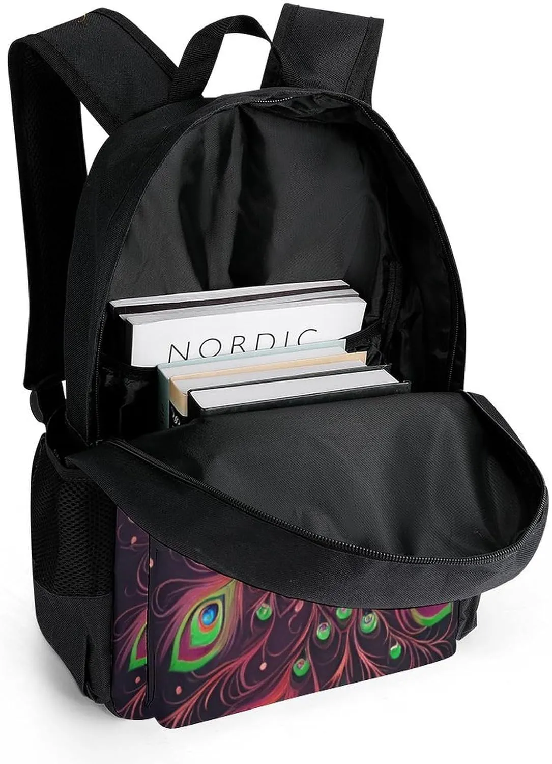 Men Women Polyester Peacock Animal Oil Painting Daypack Big Capacity Shoulder Bag With Smooth Zippers for Hiking Work Walking Cycling