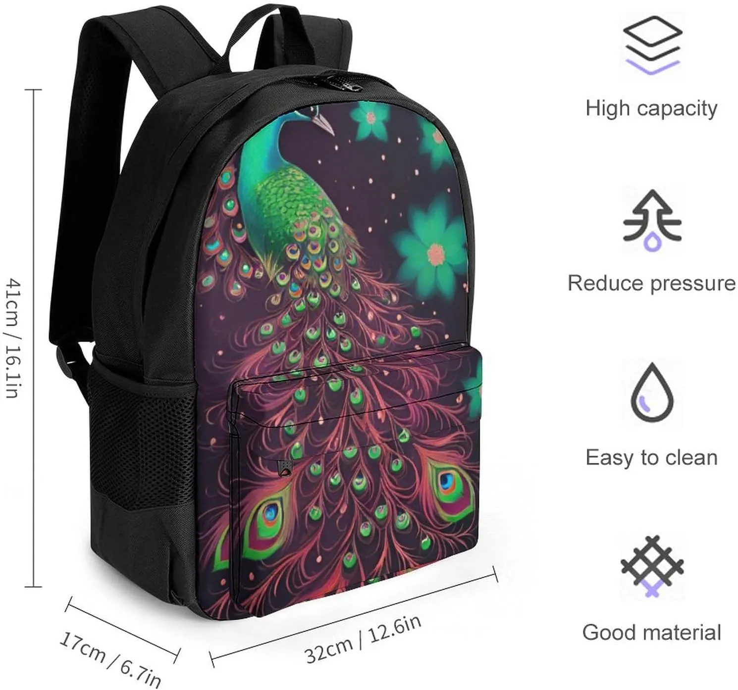 Men Women Polyester Peacock Animal Oil Painting Daypack Big Capacity Shoulder Bag With Smooth Zippers for Hiking Work Walking Cycling