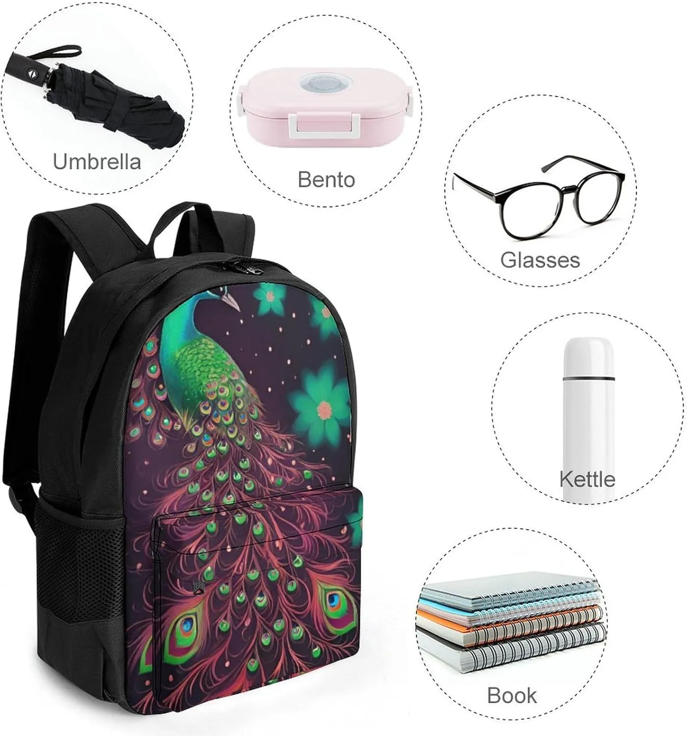 Men Women Polyester Peacock Animal Oil Painting Daypack Big Capacity Shoulder Bag With Smooth Zippers for Hiking Work Walking Cycling