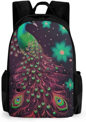 Men Women Polyester Peacock Animal Oil Painting Daypack Big Capacity Shoulder Bag With Smooth Zippers for Hiking Work Walking Cycling