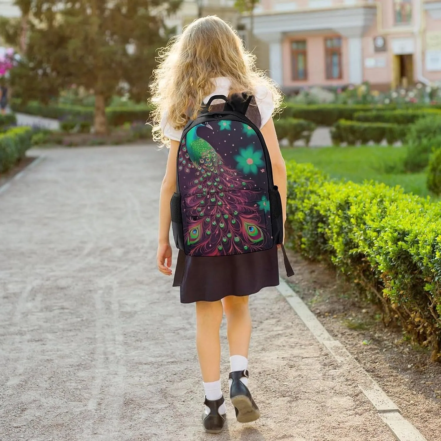 Men Women Polyester Peacock Animal Oil Painting Daypack Big Capacity Shoulder Bag With Smooth Zippers for Hiking Work Walking Cycling