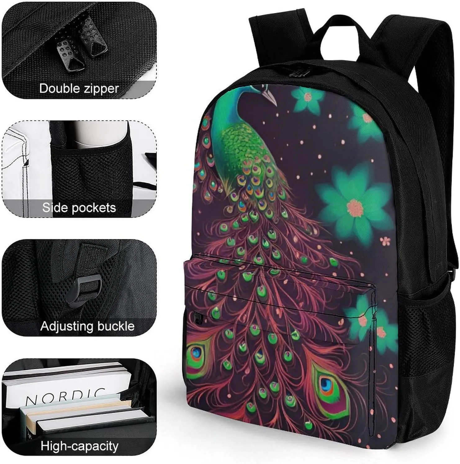 Men Women Polyester Peacock Animal Oil Painting Daypack Big Capacity Shoulder Bag With Smooth Zippers for Hiking Work Walking Cycling
