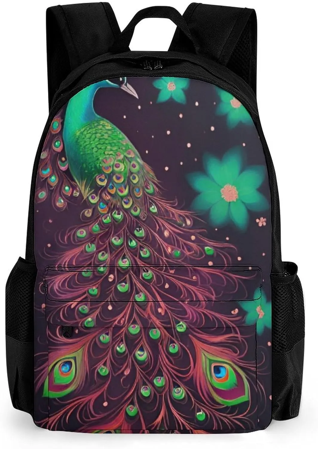 Men Women Polyester Peacock Animal Oil Painting Daypack Big Capacity Shoulder Bag With Smooth Zippers for Hiking Work Walking Cycling