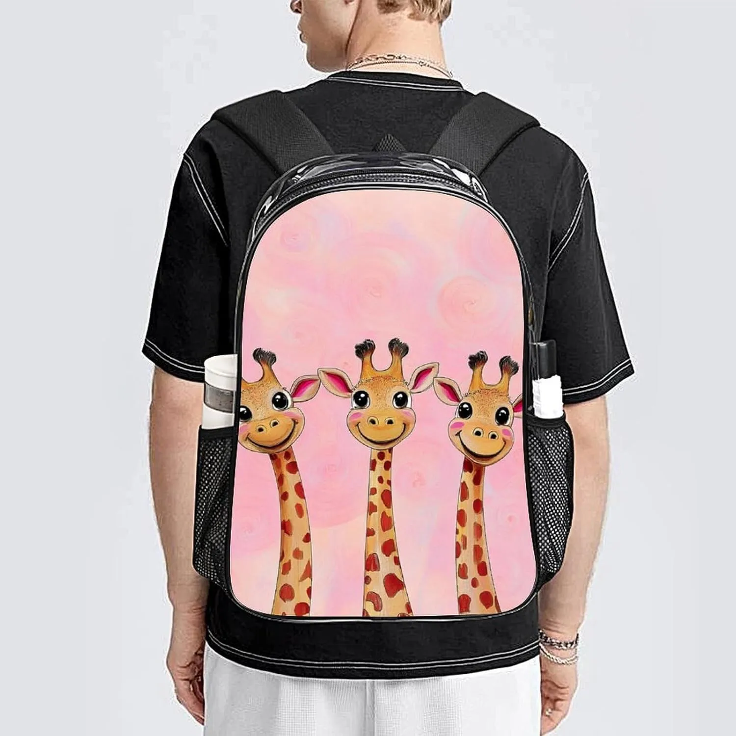 Men Women Transparent Cute Giraffe Three Cartoon Pattern Pink Casual Daypack Large Capacity Carry On Bag With Adjustable Shoulder Straps for Camping Work Running