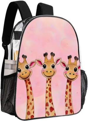 Men Women Transparent Cute Giraffe Three Cartoon Pattern Pink Casual Daypack Large Capacity Carry On Bag With Adjustable Shoulder Straps for Camping Work Running