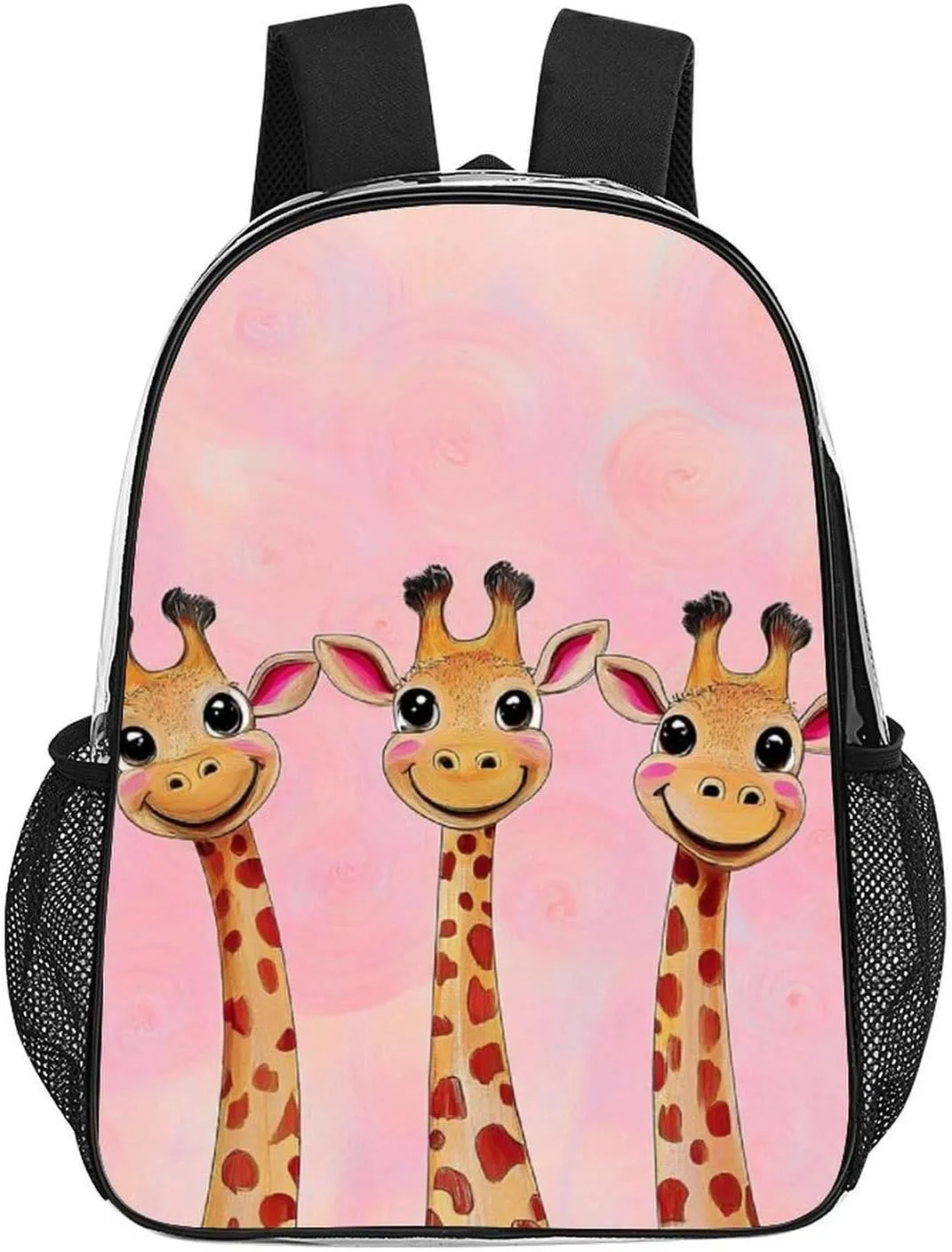 Men Women Transparent Cute Giraffe Three Cartoon Pattern Pink Casual Daypack Large Capacity Carry On Bag With Adjustable Shoulder Straps for Camping Work Running