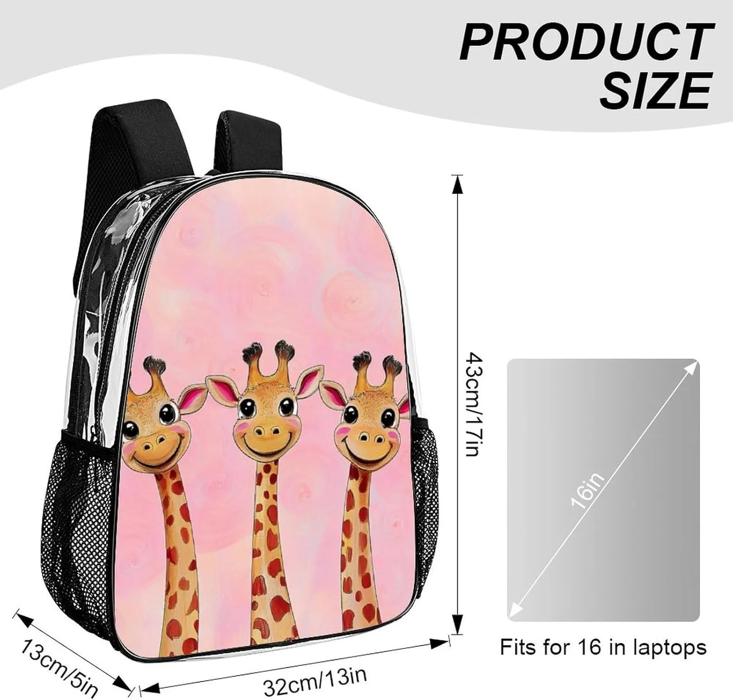 Men Women Transparent Cute Giraffe Three Cartoon Pattern Pink Casual Daypack Large Capacity Carry On Bag With Adjustable Shoulder Straps for Camping Work Running