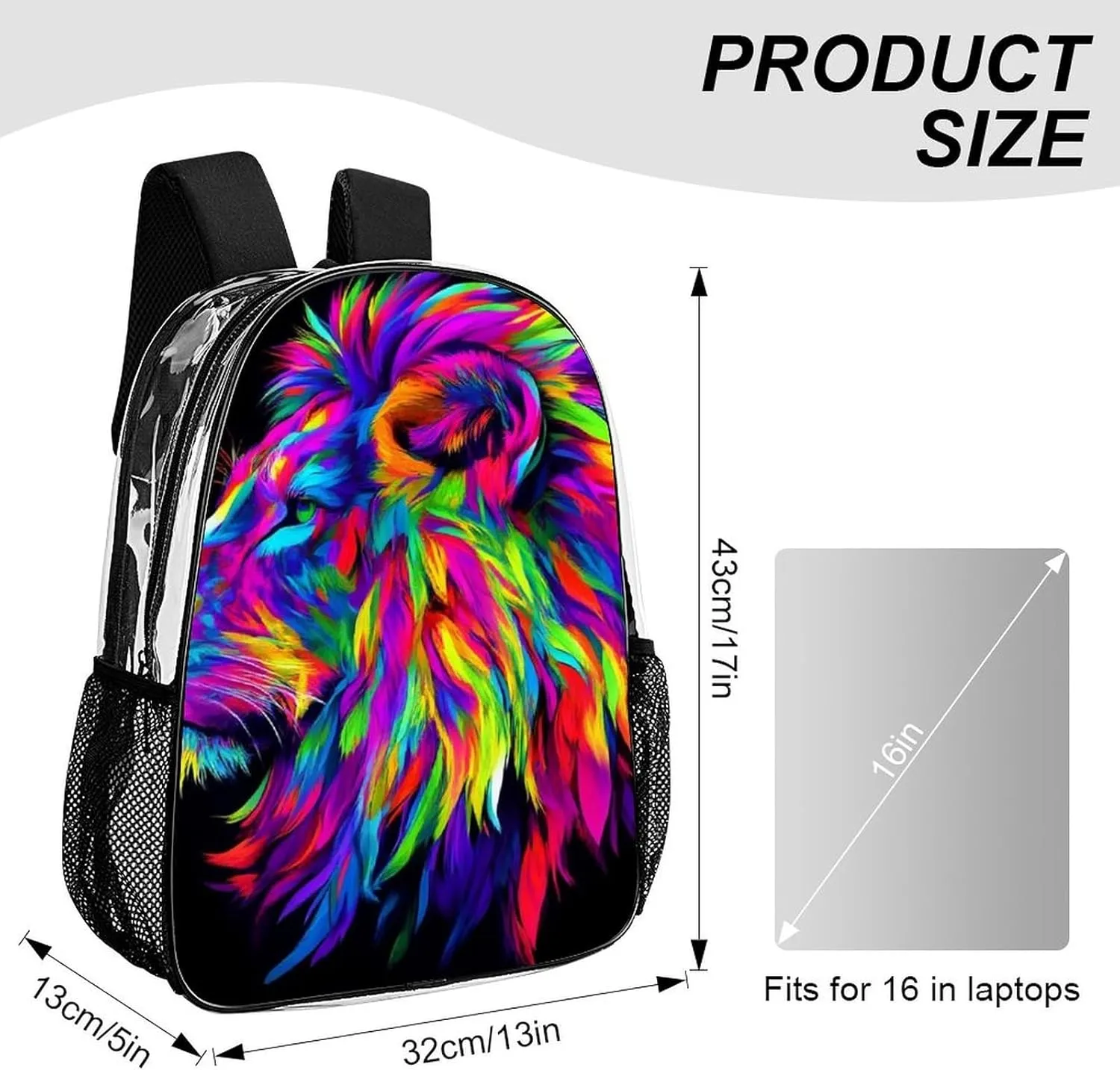 Men Women Transparent Lion Abstract Art Daypack Big Capacity Shoulder Bag With Smooth Zippers for Hiking Work Walking Cycling