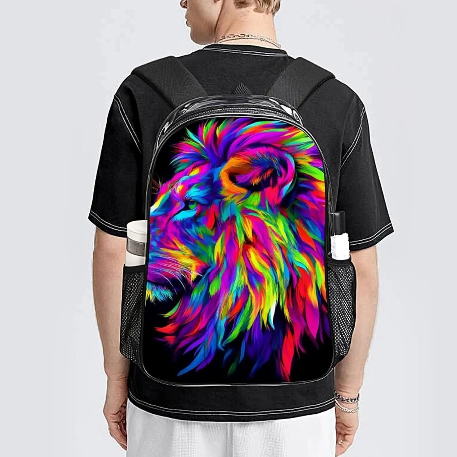 Men Women Transparent Lion Abstract Art Daypack Big Capacity Shoulder Bag With Smooth Zippers for Hiking Work Walking Cycling