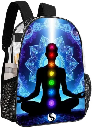 Men Women Transparent Nine Chakra Yoga Meditation Lotus Blue Mandala Daypack Big Capacity Shoulder Bag With Adjustable Shoulder Straps for Camping Travel Walking Cycling