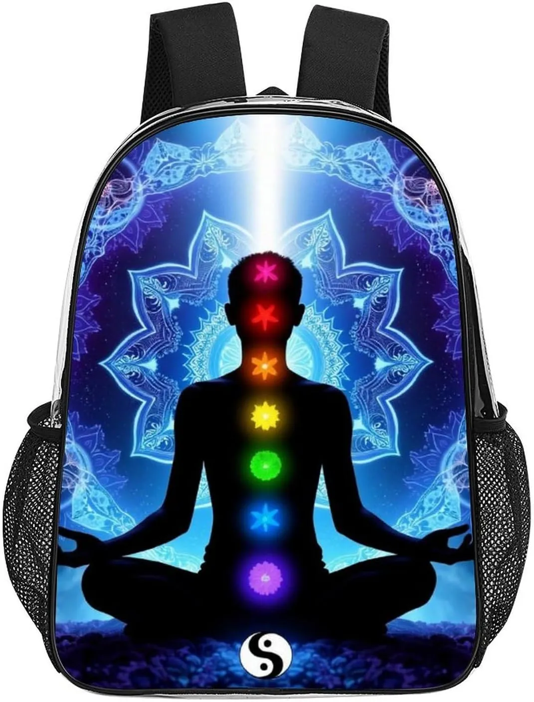 Men Women Transparent Nine Chakra Yoga Meditation Lotus Blue Mandala Daypack Big Capacity Shoulder Bag With Adjustable Shoulder Straps for Camping Travel Walking Cycling