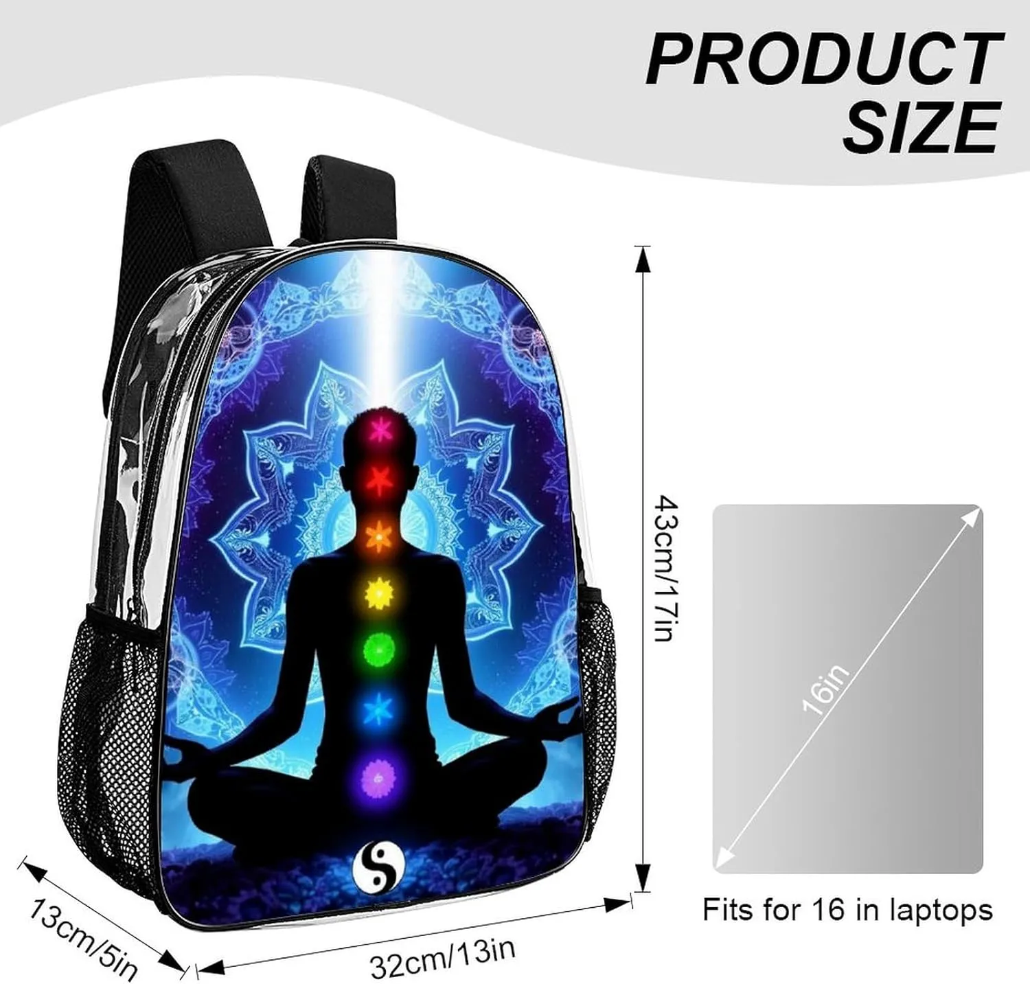 Men Women Transparent Nine Chakra Yoga Meditation Lotus Blue Mandala Daypack Big Capacity Shoulder Bag With Adjustable Shoulder Straps for Camping Travel Walking Cycling