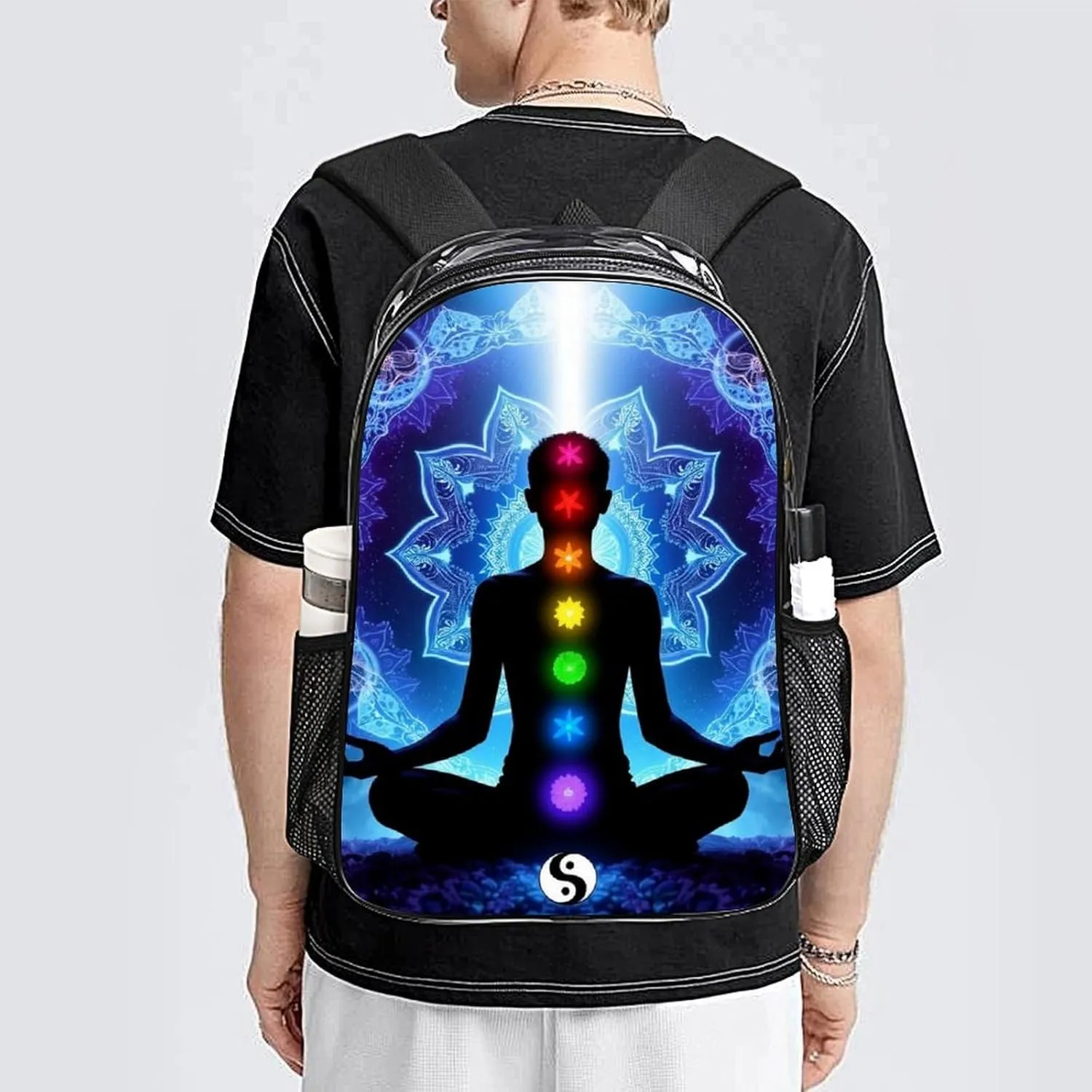 Men Women Transparent Nine Chakra Yoga Meditation Lotus Blue Mandala Daypack Big Capacity Shoulder Bag With Adjustable Shoulder Straps for Camping Travel Walking Cycling