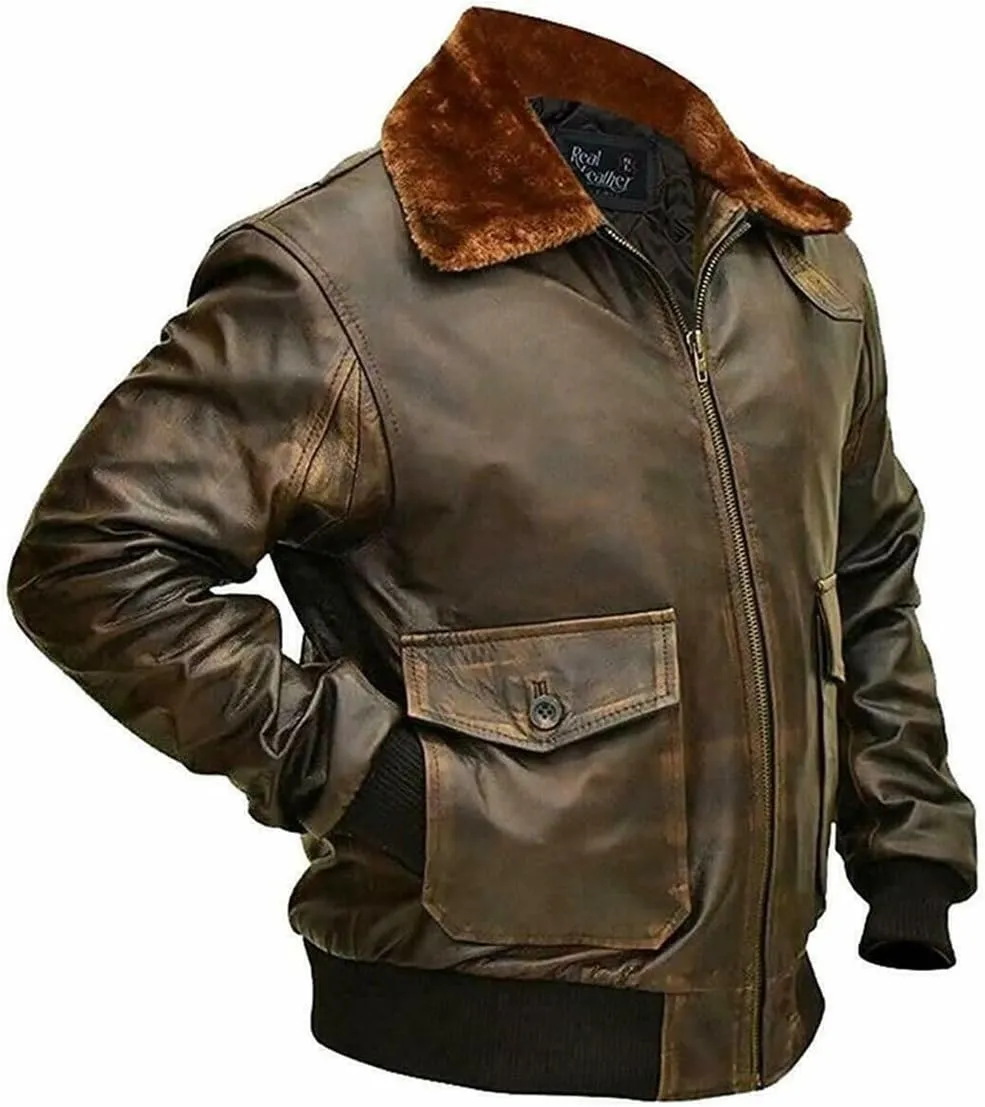 Men's A2 Jacket Flight Pilot Aviator G-1 Air Force Distressed Brown Genuine Bomber Leather Jacket