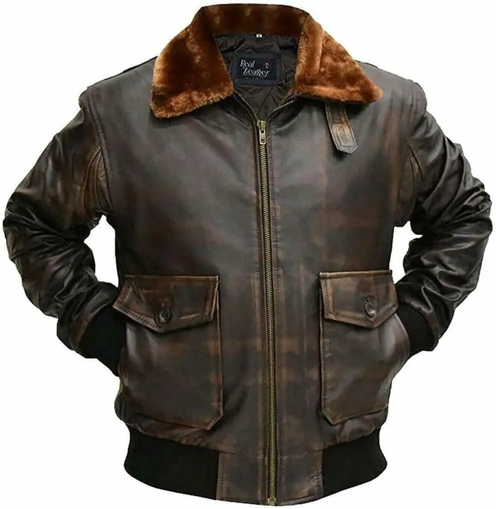 Men's A2 Jacket Flight Pilot Aviator G-1 Air Force Distressed Brown Genuine Bomber Leather Jacket