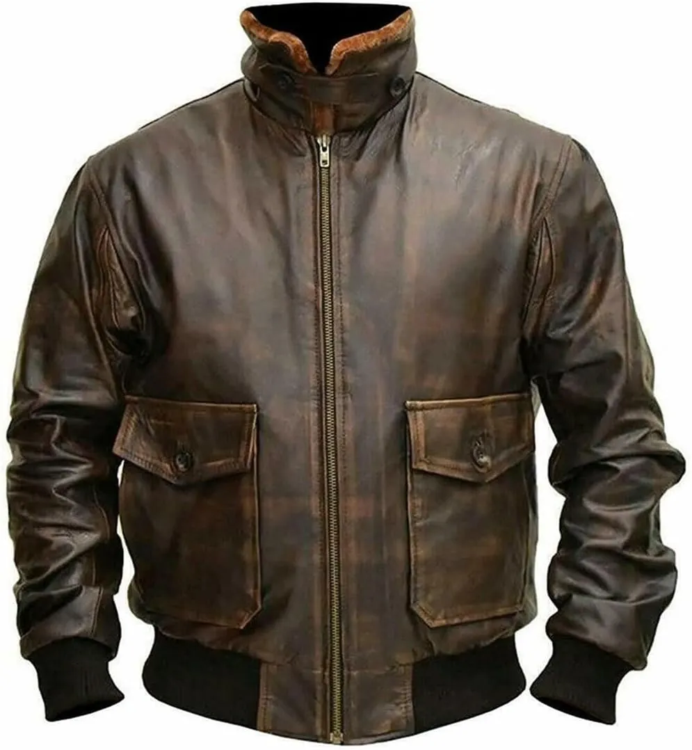 Men's A2 Jacket Flight Pilot Aviator G-1 Air Force Distressed Brown Genuine Bomber Leather Jacket