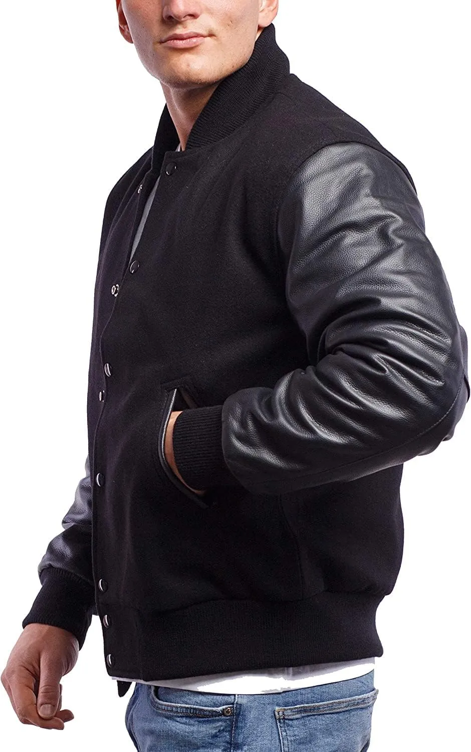 Mens Black Bomber Baseball Varsity Letterman Jacket High School College Jackets Leather Sleeves Wool Body