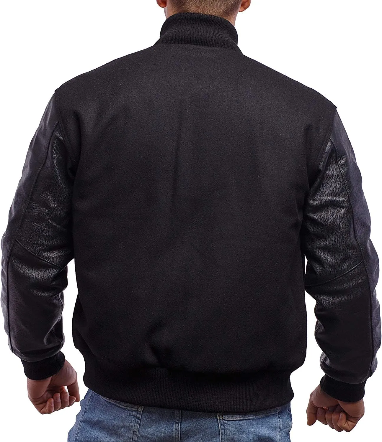 Mens Black Bomber Baseball Varsity Letterman Jacket High School College Jackets Leather Sleeves Wool Body