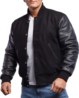 Mens Black Bomber Baseball Varsity Letterman Jacket High School College Jackets Leather Sleeves Wool Body