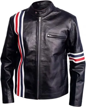 Mens Cafe Racer Easy Rider Cow Leather Vintage Biker Jacket with USA Flag,XXS-3XL