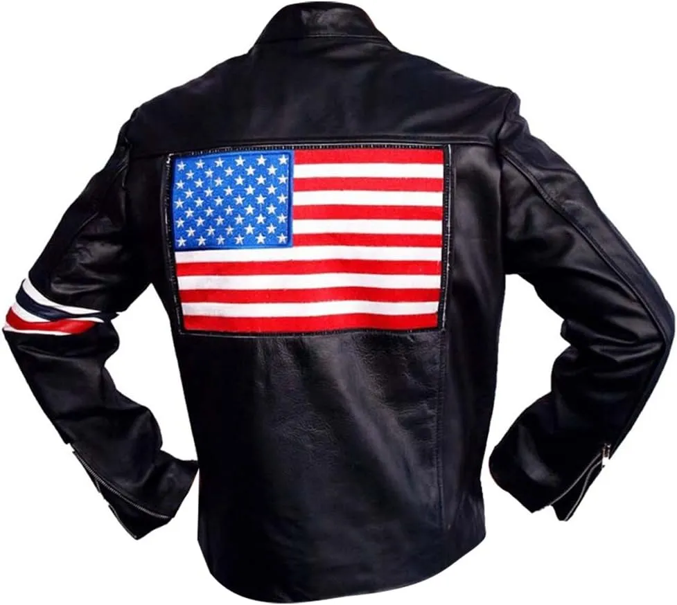 Mens Cafe Racer Easy Rider Cow Leather Vintage Biker Jacket with USA Flag,XXS-3XL
