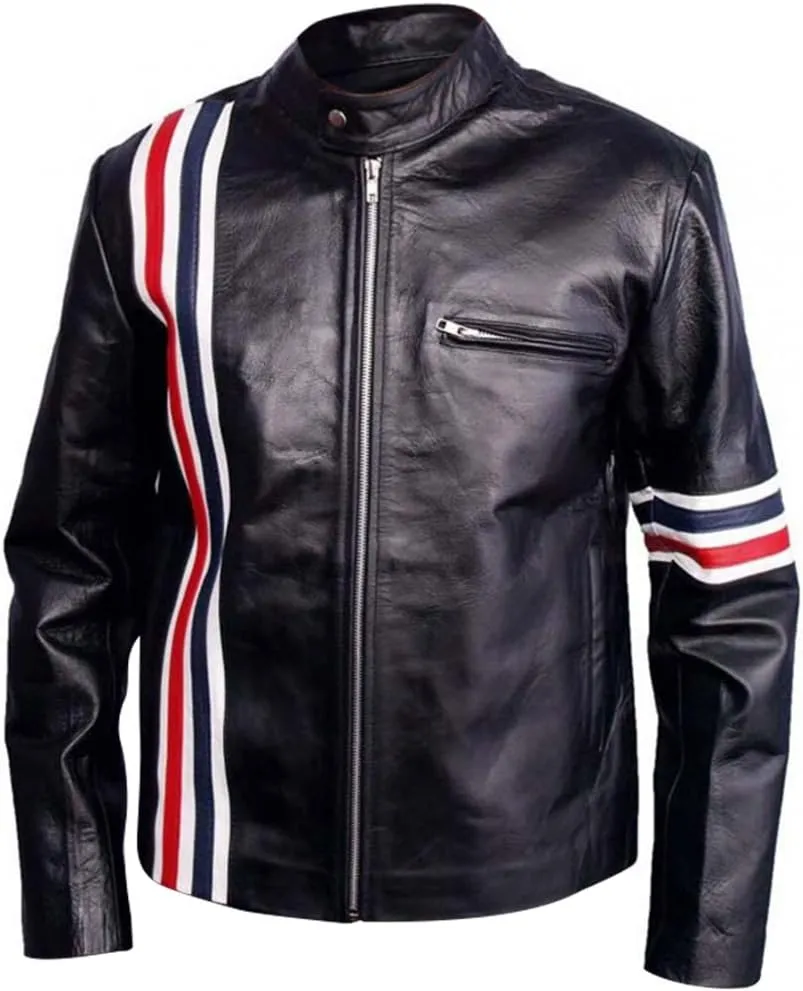 Mens Cafe Racer Easy Rider Cow Leather Vintage Biker Jacket with USA Flag,XXS-3XL