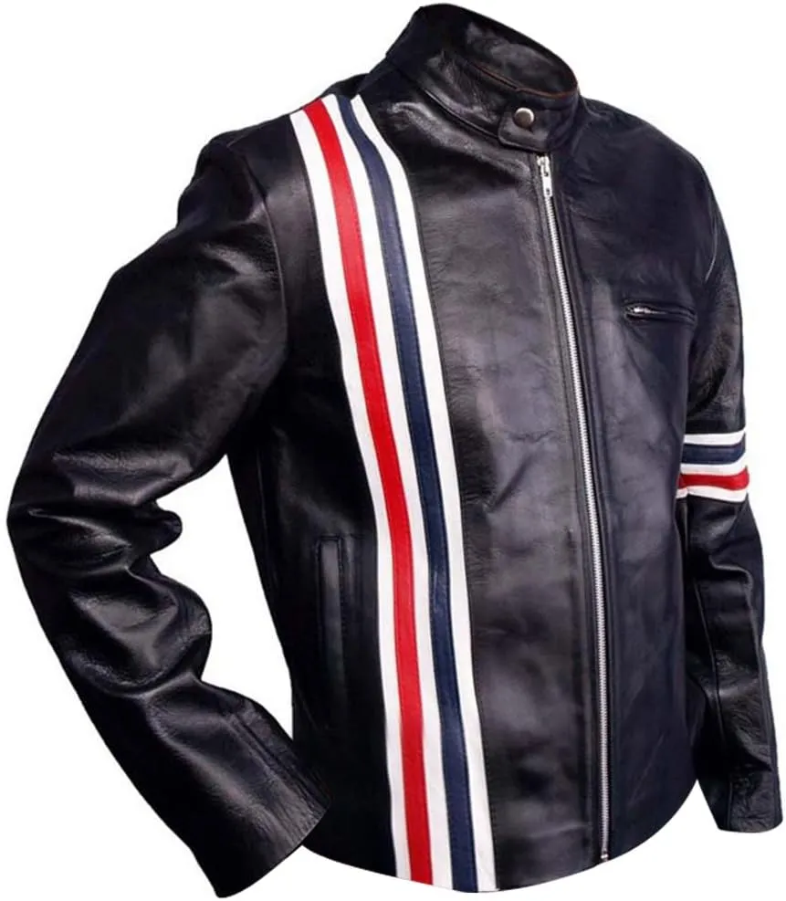Mens Cafe Racer Easy Rider Cow Leather Vintage Biker Jacket with USA Flag,XXS-3XL