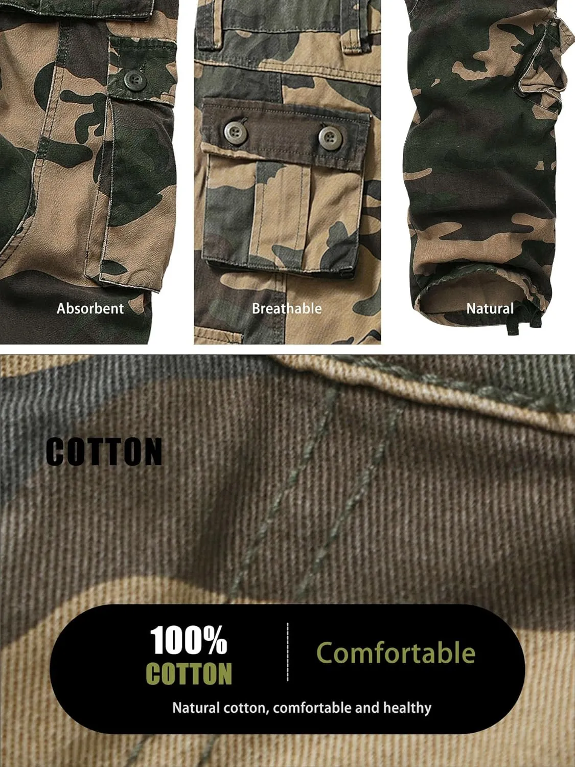 Men's Camo BDU Cargo Tactical Ripstop Casual Lightweight Baggy Combat 100% Cotton Pants with 8 Pockets(No Belt)
