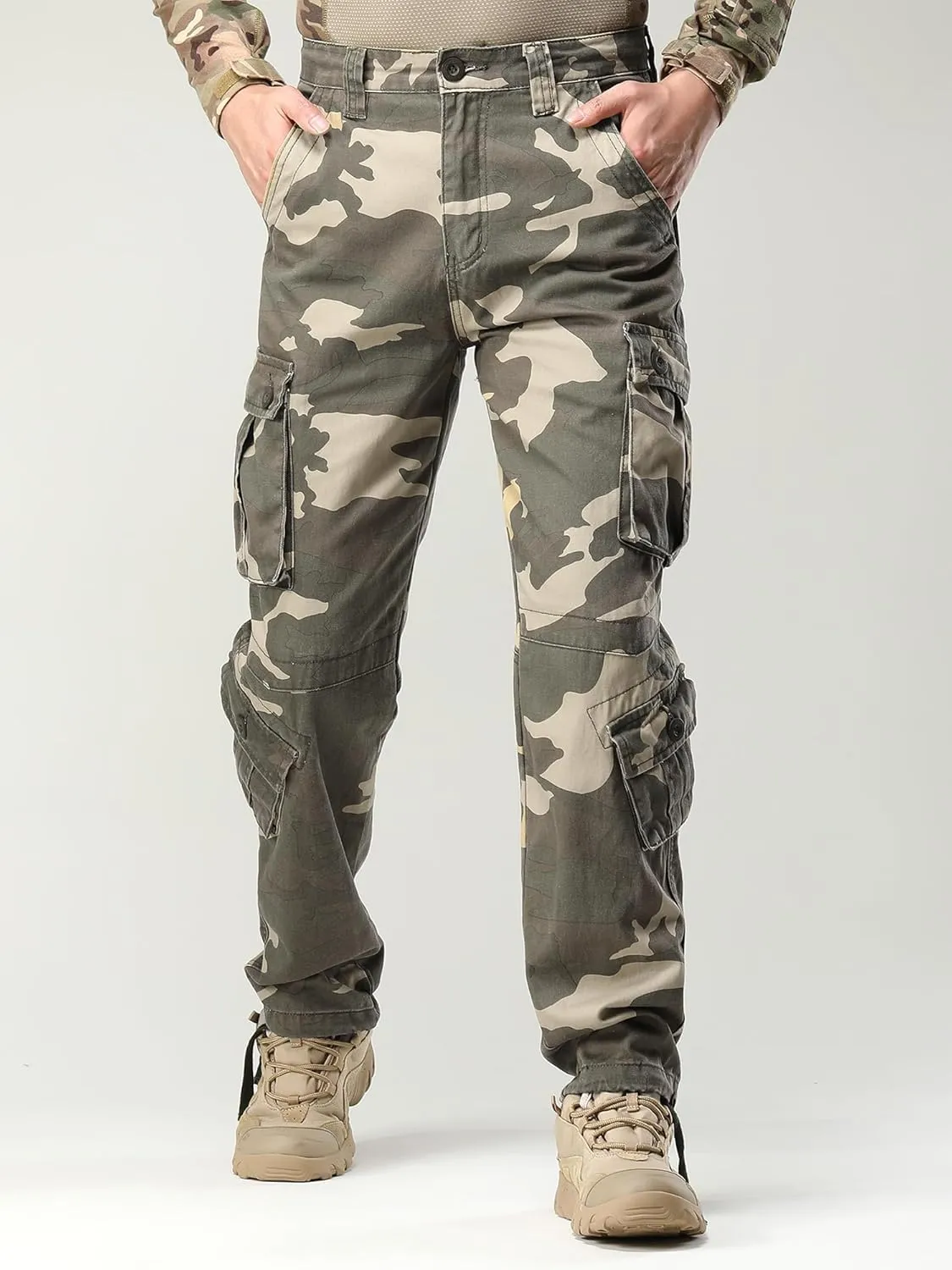 Men's Camo BDU Cargo Tactical Ripstop Casual Lightweight Baggy Combat 100% Cotton Pants with 8 Pockets(No Belt)
