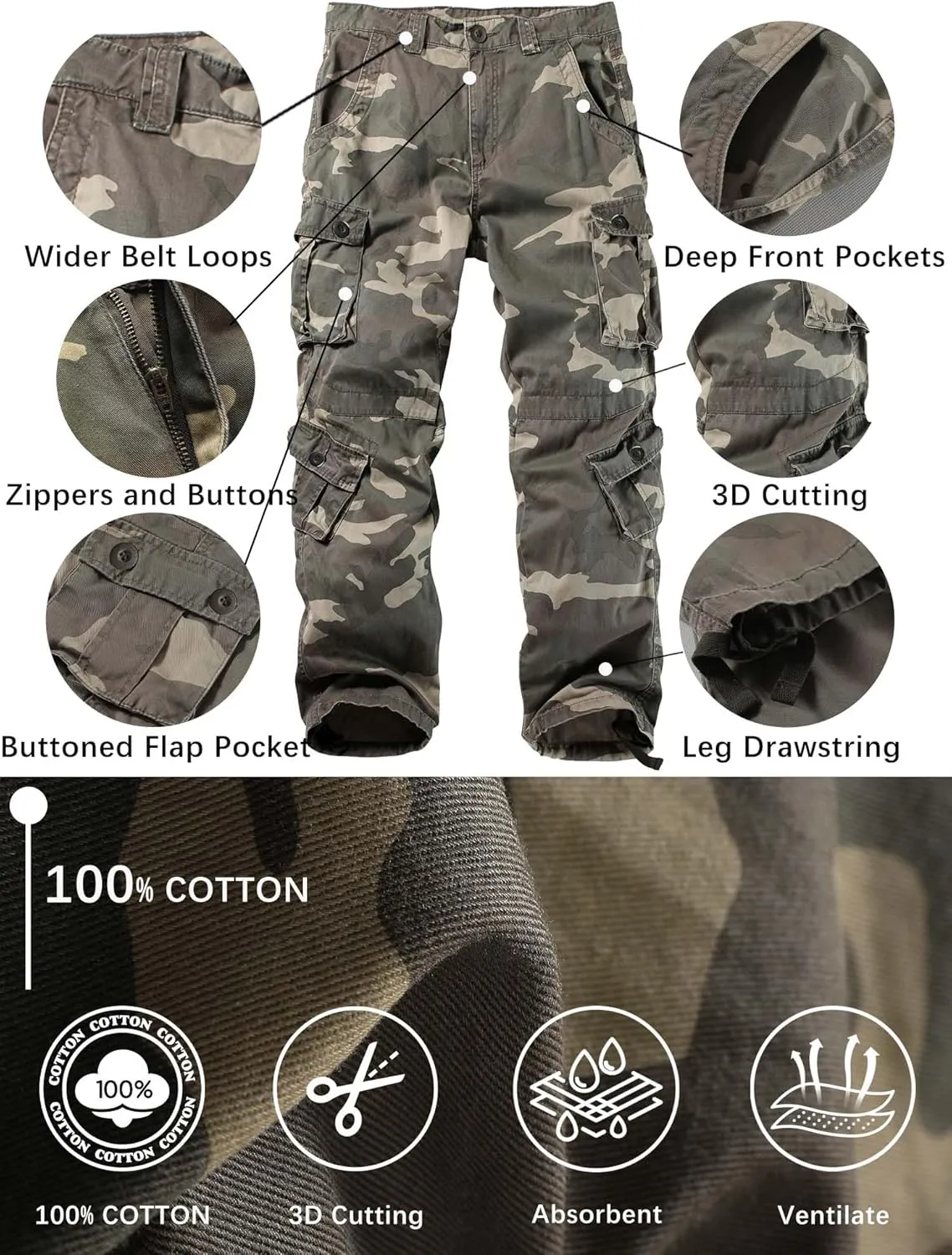 Men's Camo BDU Cargo Tactical Ripstop Casual Lightweight Baggy Combat 100% Cotton Pants with 8 Pockets(No Belt)
