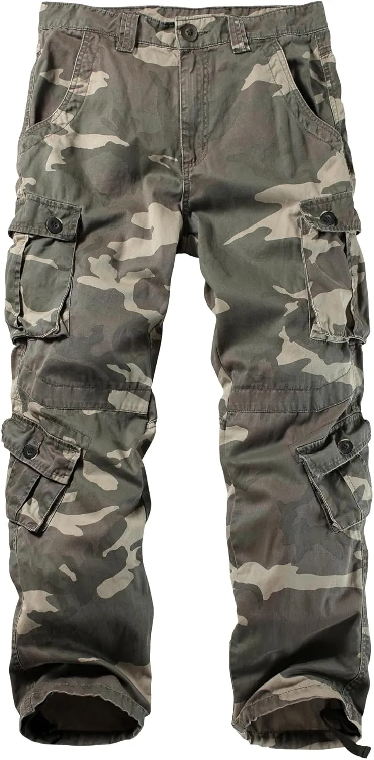 Men's Camo BDU Cargo Tactical Ripstop Casual Lightweight Baggy Combat 100% Cotton Pants with 8 Pockets(No Belt)