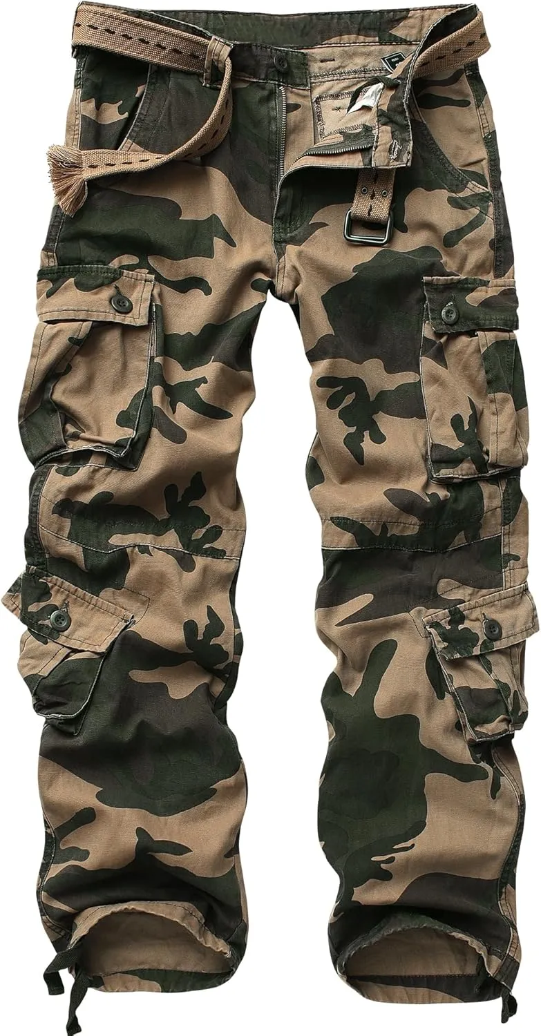 Men's Camo BDU Cargo Tactical Ripstop Casual Lightweight Baggy Combat 100% Cotton Pants with 8 Pockets(No Belt)