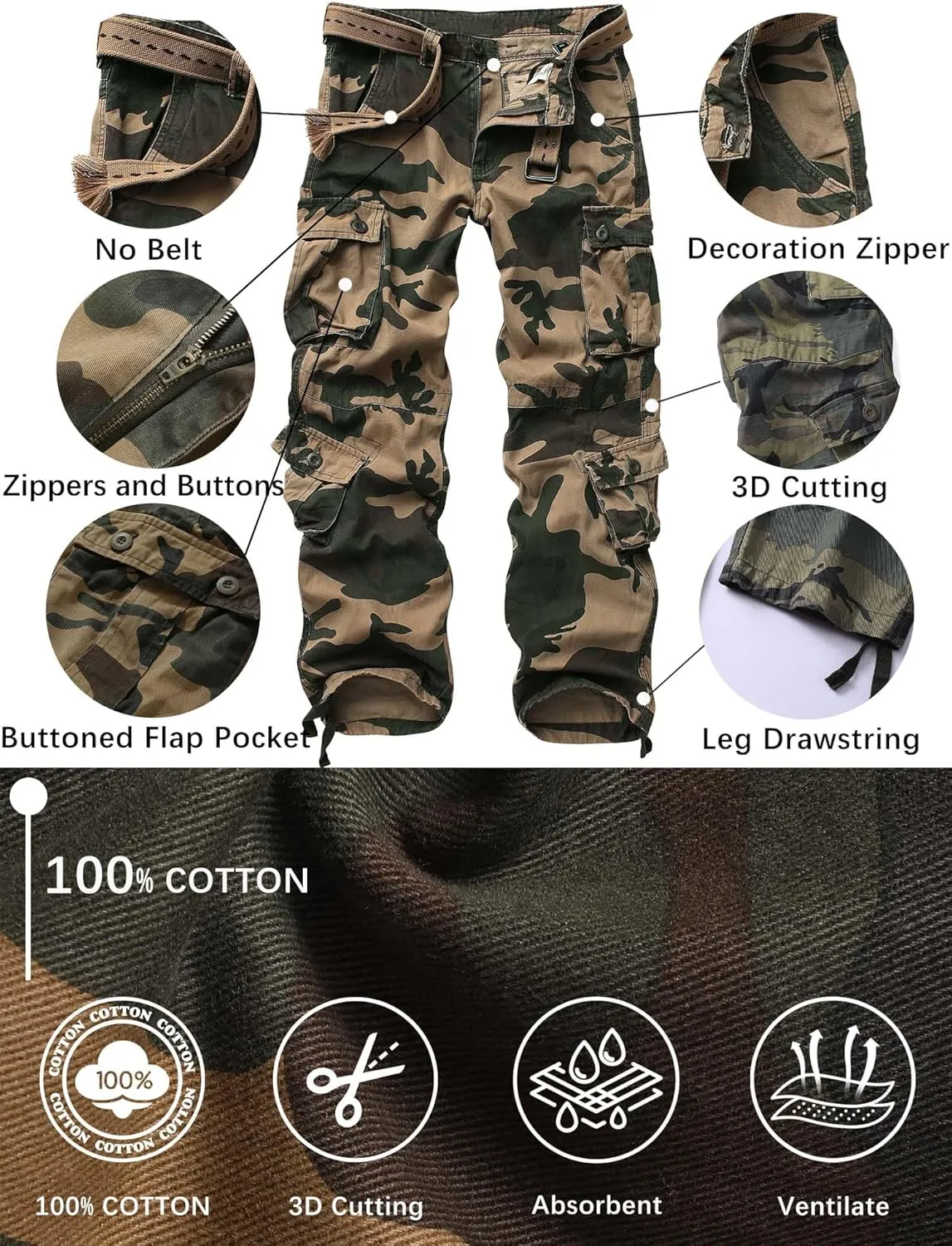 Men's Camo BDU Cargo Tactical Ripstop Casual Lightweight Baggy Combat 100% Cotton Pants with 8 Pockets(No Belt)