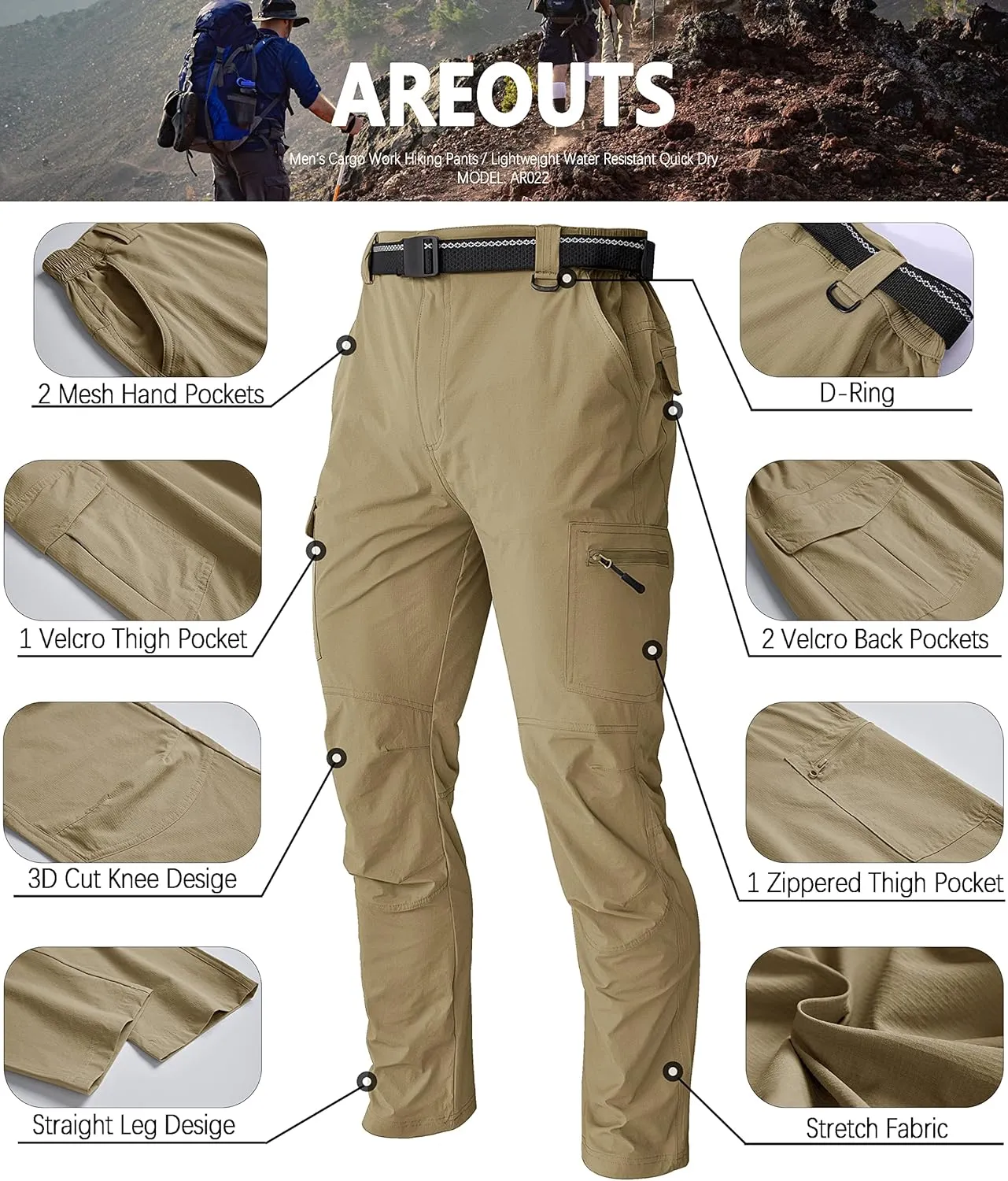Men's Cargo Work Hiking Pants Lightweight Water Resistant Quick Dry Fishing Travel Camping Outdoor Breathable Multi Pockets