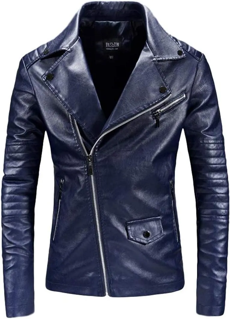 Men`s Casual Slim Fit Rider Trucker PU Faux Leather Jacket