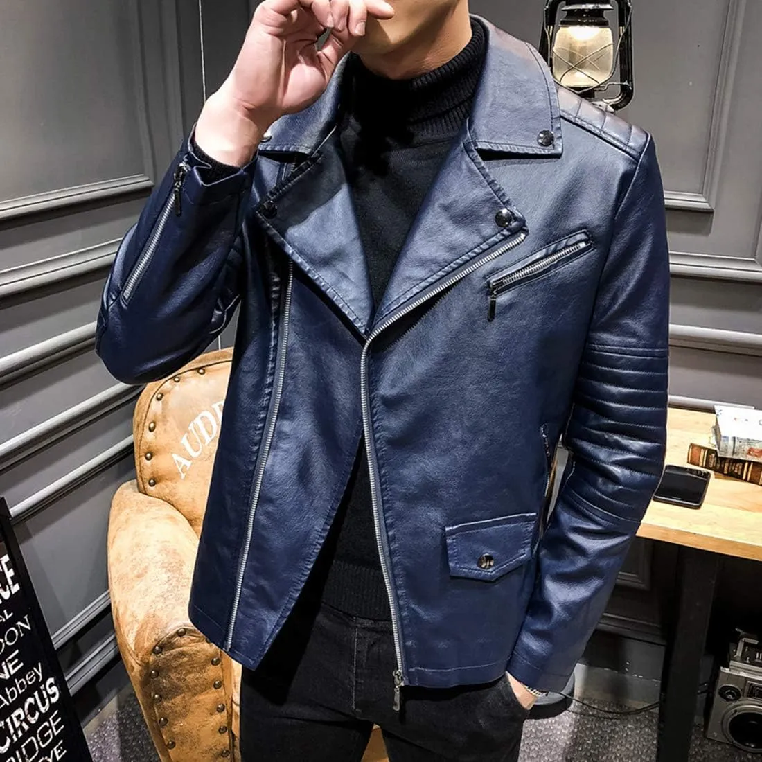 Men`s Casual Slim Fit Rider Trucker PU Faux Leather Jacket