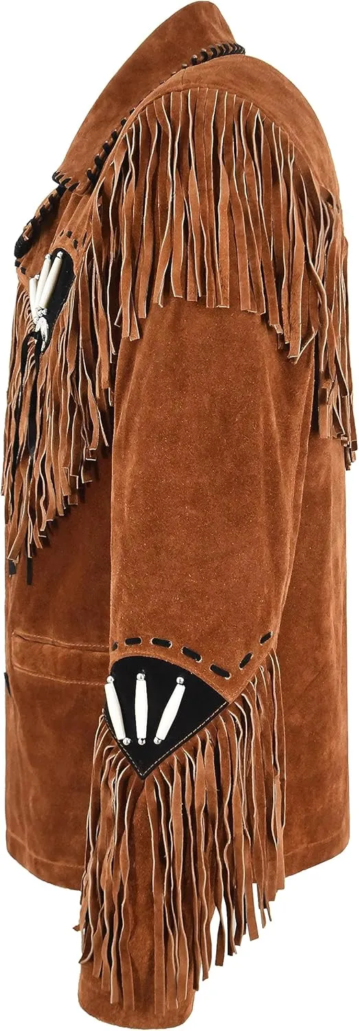 Men's Classic Western Style Cowboy Fringe American Native Suede Leather Jacket 7740