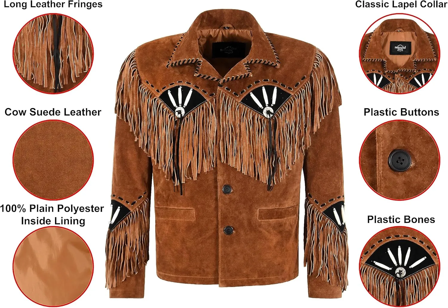 Men's Classic Western Style Cowboy Fringe American Native Suede Leather Jacket 7740